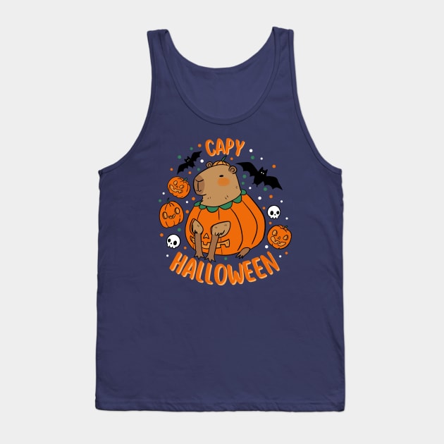 Happy Halloween a cute capybara in a pumpkin for Halloween Tank Top by Yarafantasyart